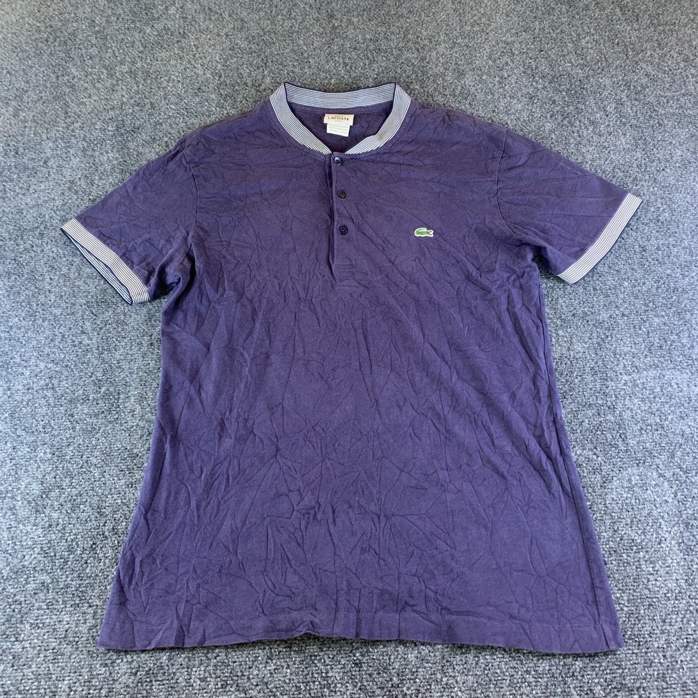 Lacoste Henley Shirt Men 6 Purple Striped Trim Logo Cotton Short Sleeve Slim Fit